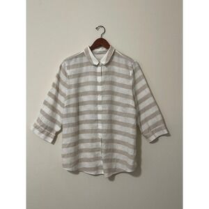 Chicos Linen Stripe 3/4 Sleeve Button Up Shirt Top Preppy Casual Size 3